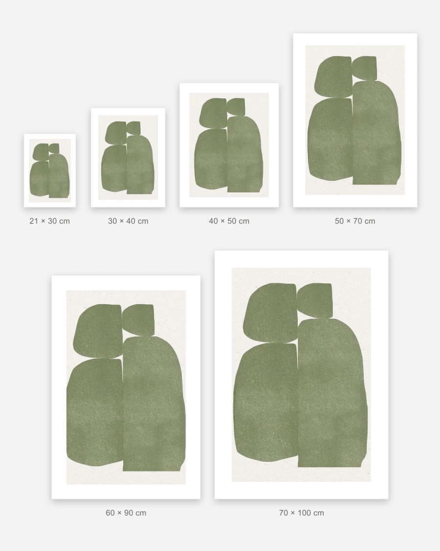 Olive Paper Forms poster in 6 sizes, shown to scale: 21 × 30, 30 × 40, 40 × 50, 50 × 70, 60 × 90 and 70 × 100 cm