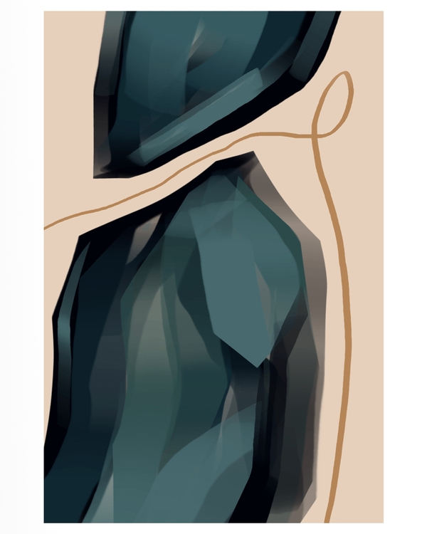 Abstract teal shapes with golden line on beige