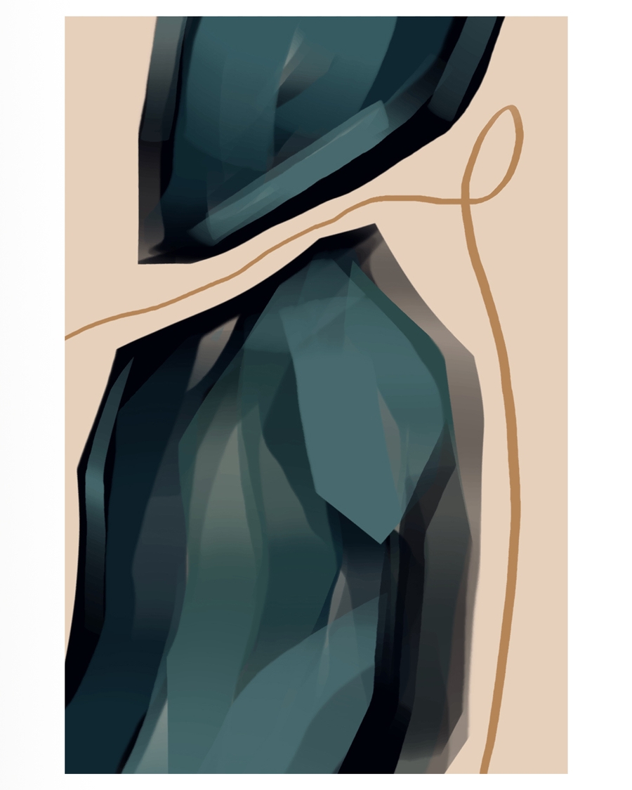 Abstract teal shapes with golden line on beige