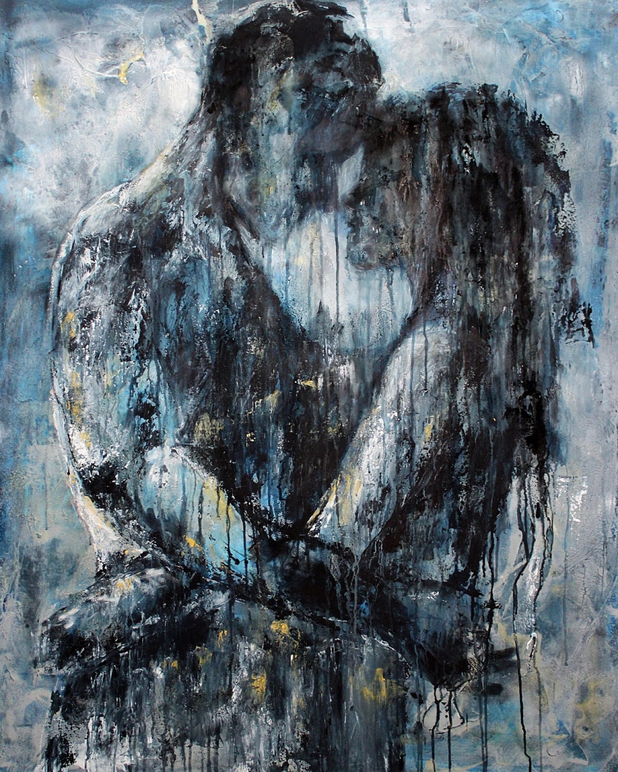 Abstract painting of two figures embracing in blue, gray and black with running paint drips