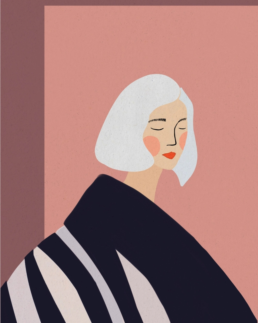 Illustrated portrait of a woman with a pale bob and closed eyes in navy stripes on a dusty rose background