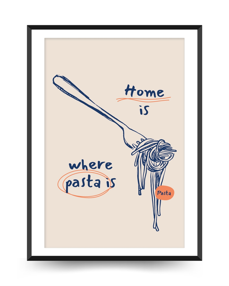 A poster of a Fork twirling pasta with home is where text
