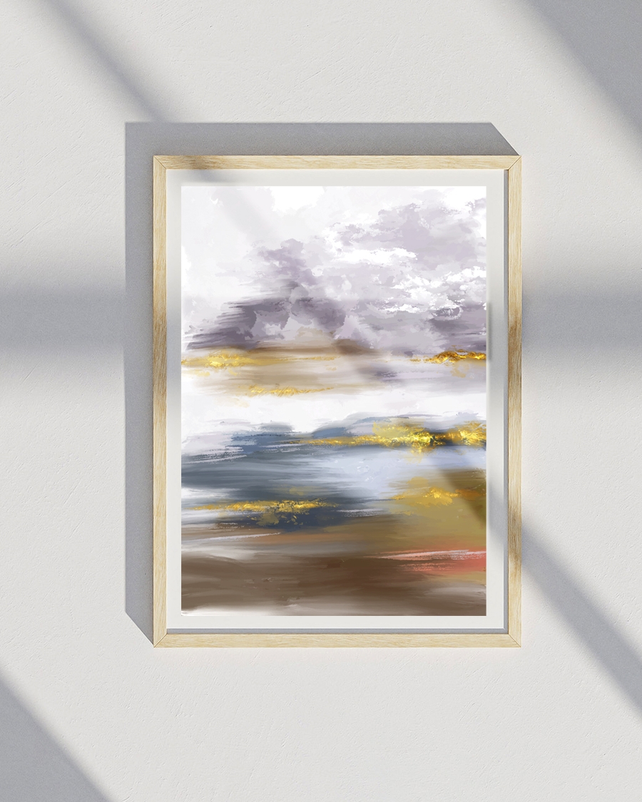 A poster of a abstract clouds with gold and muted earth tones