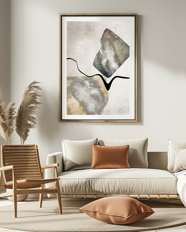 A poster of a textured stone-like shapes with black line on beige