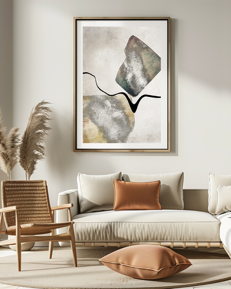 A poster of a textured stone-like shapes with black line on beige