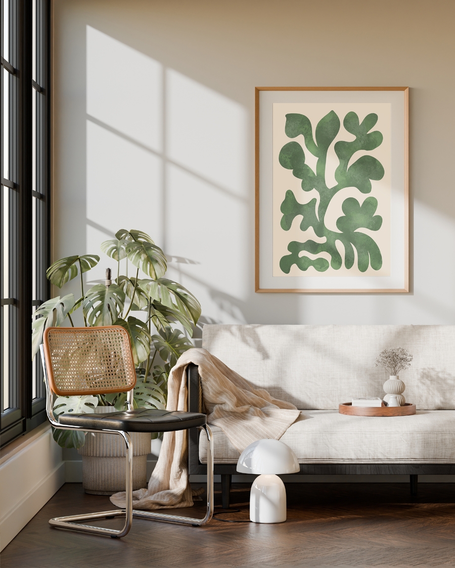 A poster of a Abstract green organic shapes on beige textured background