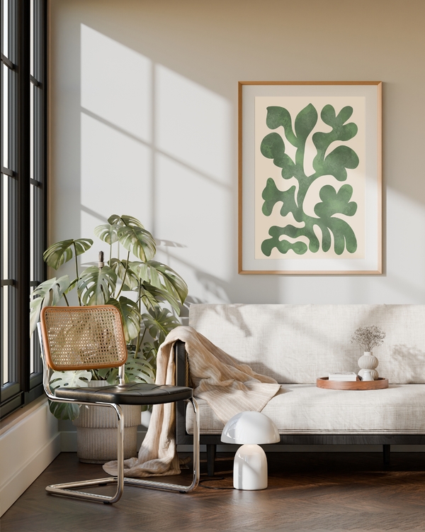 A poster of a Abstract green organic shapes on beige textured background