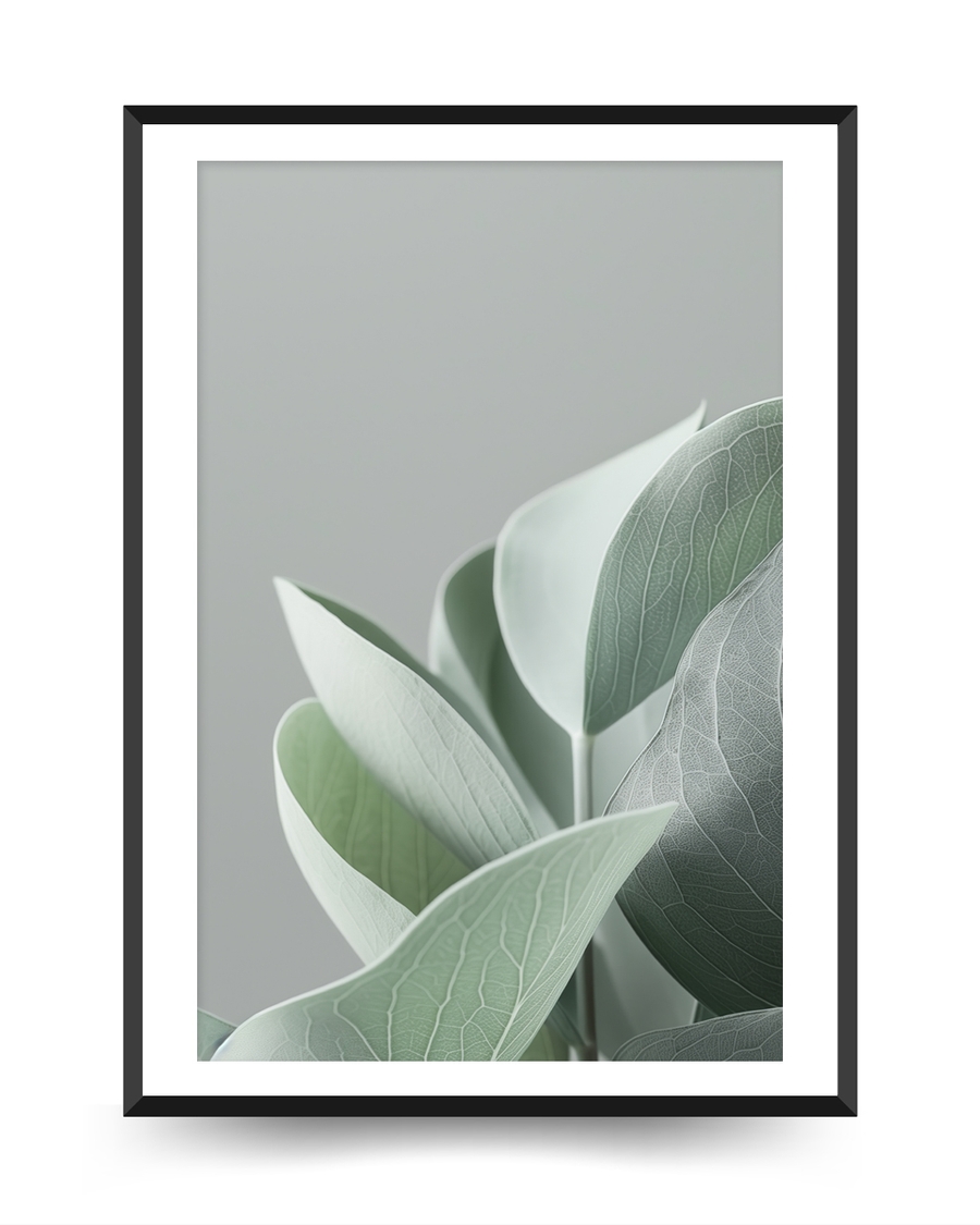 A poster of a Soft sage green leaves on muted grey background