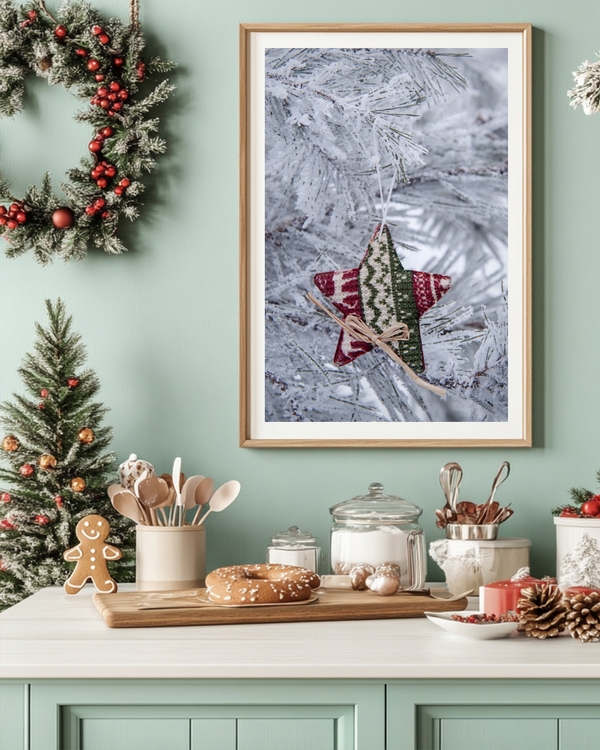 A poster of a handmade star ornament hanging on frosted pine branch
