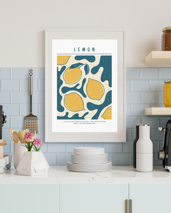 A poster of abstract lemons hanged on a kitchen wall