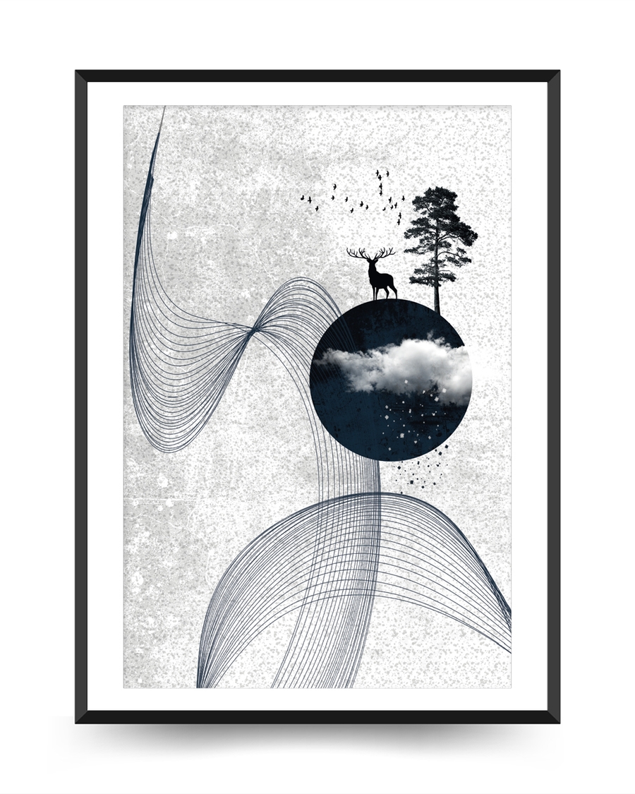 A poster of a Nordic Japandi artwork with flowing lines and nature