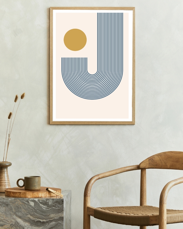 A poster of a minimalist poster with curved blue lines and golden circle