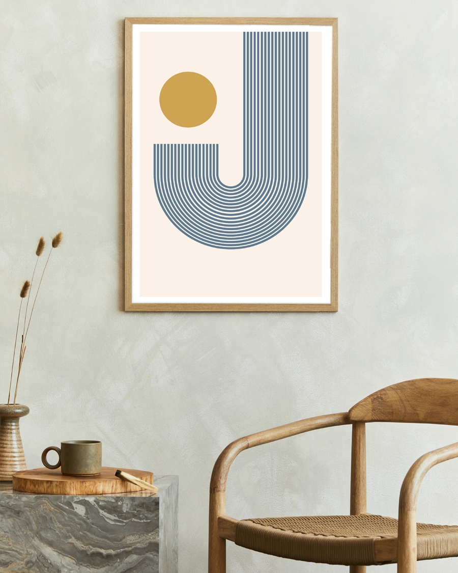 A poster of a minimalist poster with curved blue lines and golden circle