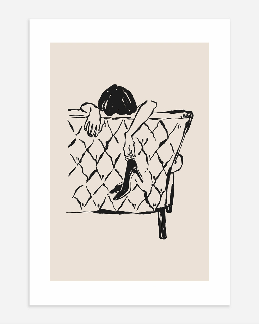 A poster of a Abstract figure resting on chair in black line style