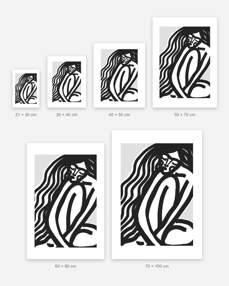 Hair Like Water poster in 6 sizes, shown to scale: 21 × 30, 30 × 40, 40 × 50, 50 × 70, 60 × 90 and 70 × 100 cm