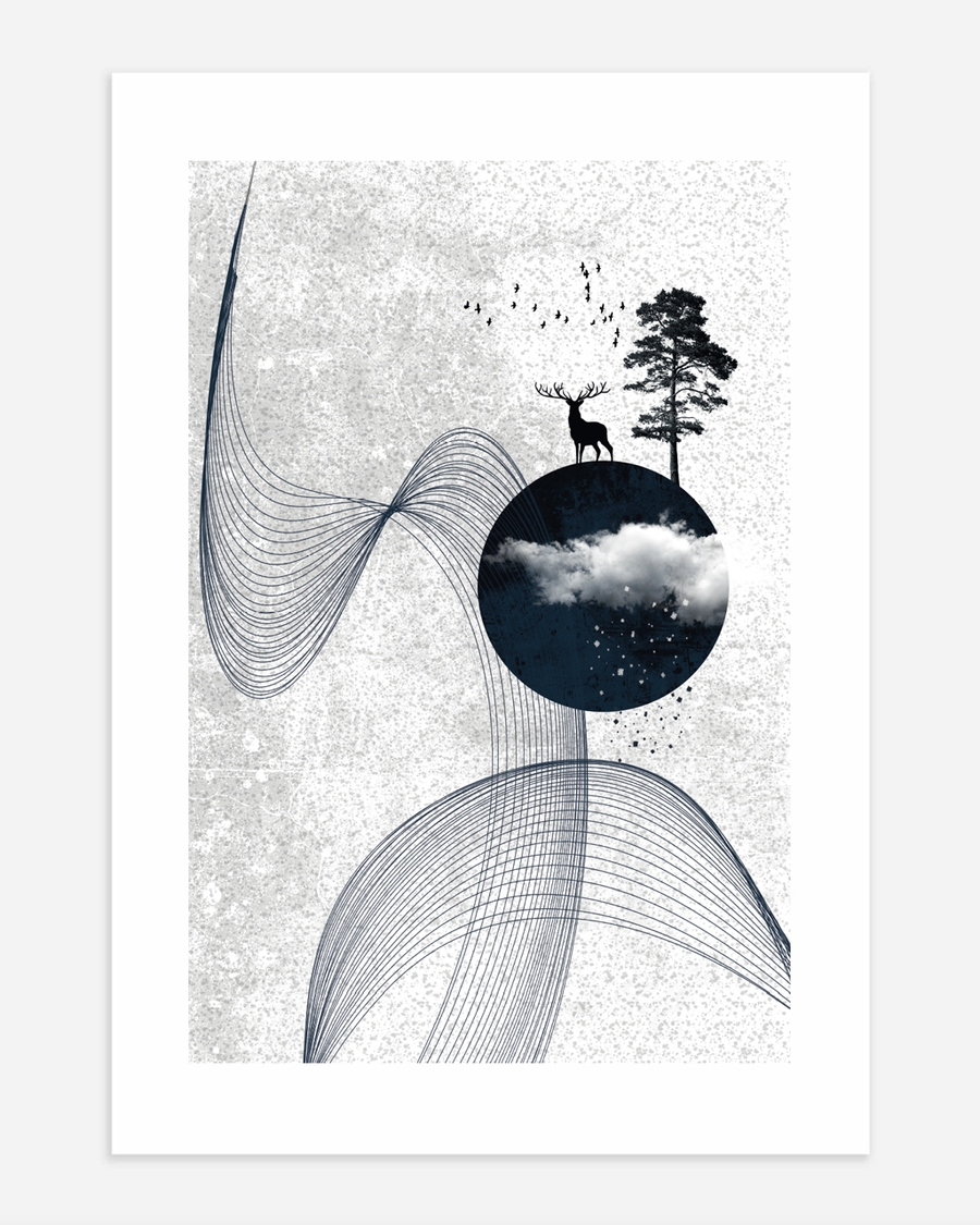 A poster of a Nordic Japandi artwork with flowing lines and nature