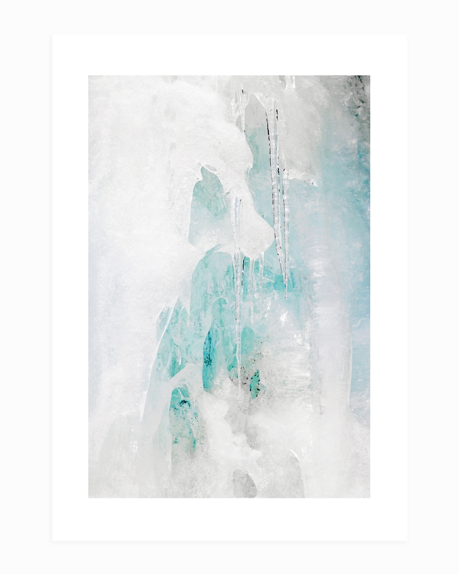 A poster of a Abstract icy textures in white and soft turquoise tones