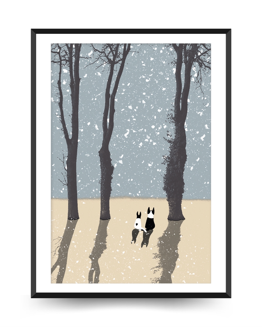 A poster of a Illustrated cats walking through snowy trees