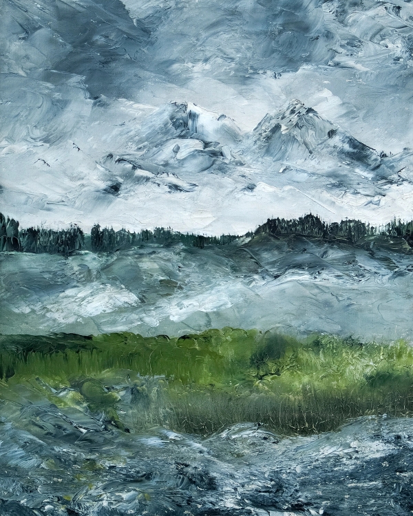 Impasto oil painting of snowy mountains, a dark fir tree line and a green meadow in gray and blue tones