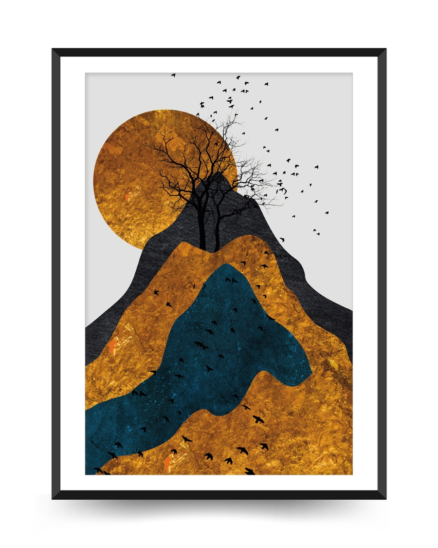 A poster of a Japandi landscape art with sun tree and birds
