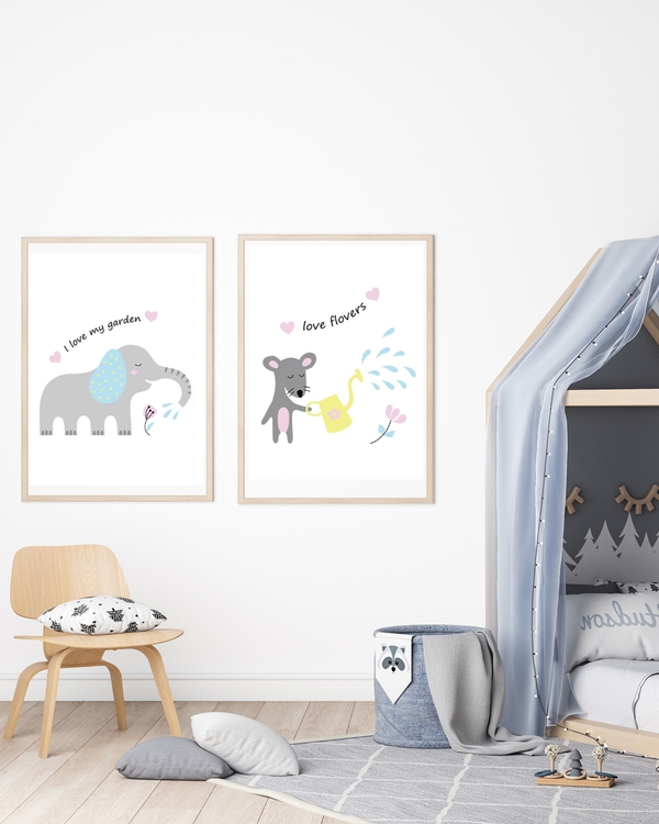 A poster of a Elephant illustration watering flower with garden text