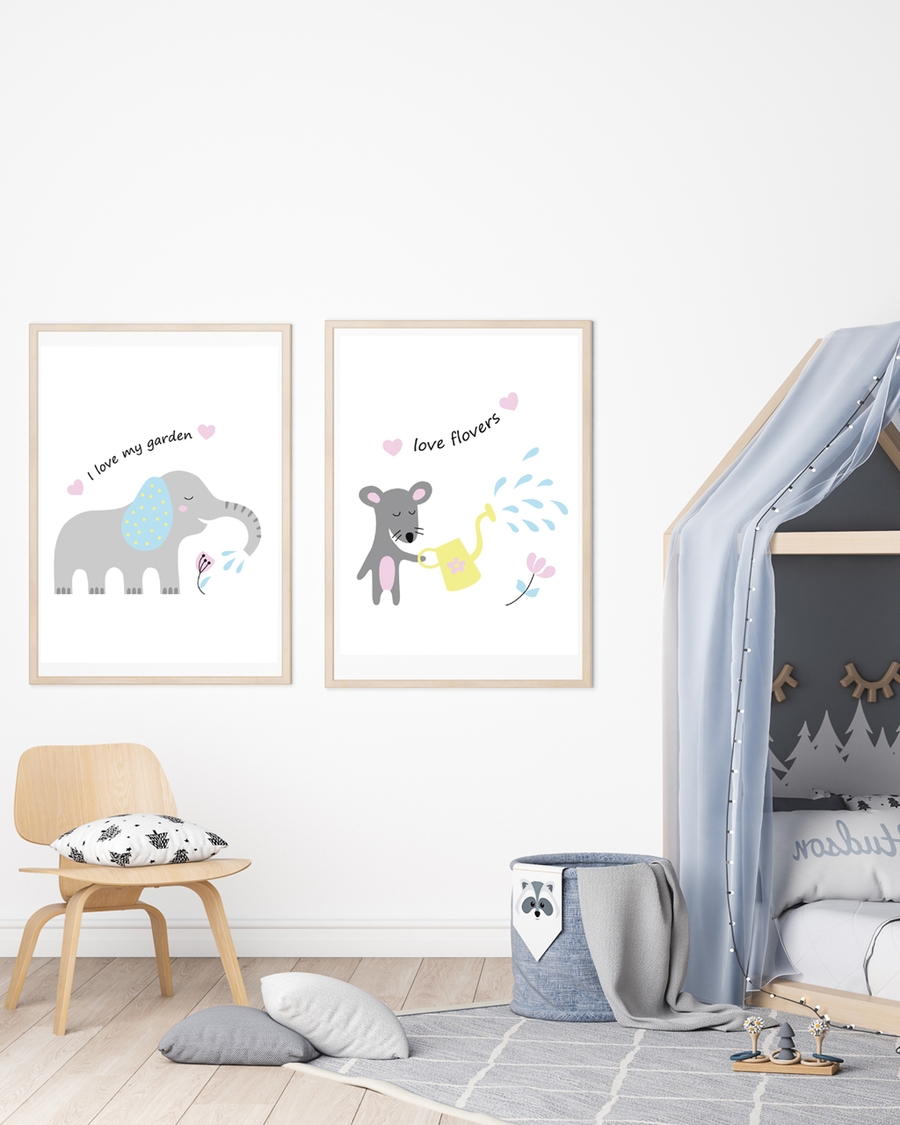 A poster of a Elephant illustration watering flower with garden text