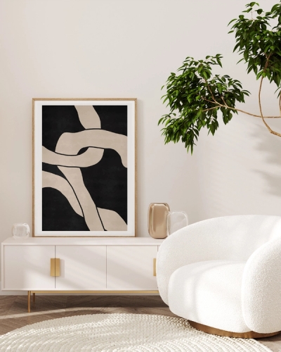 A poster of a beige intertwined ribbon-like shapes on black background