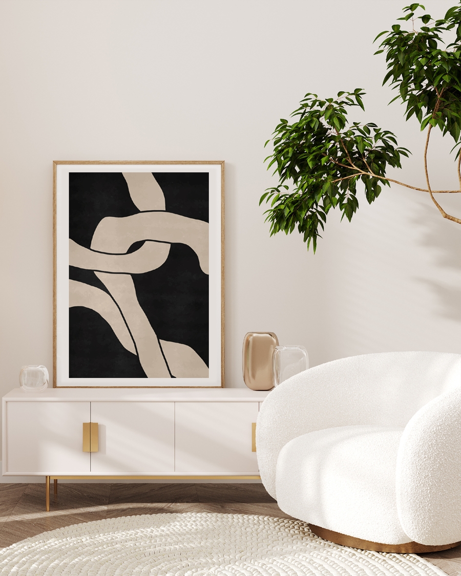 A poster of a beige intertwined ribbon-like shapes on black background