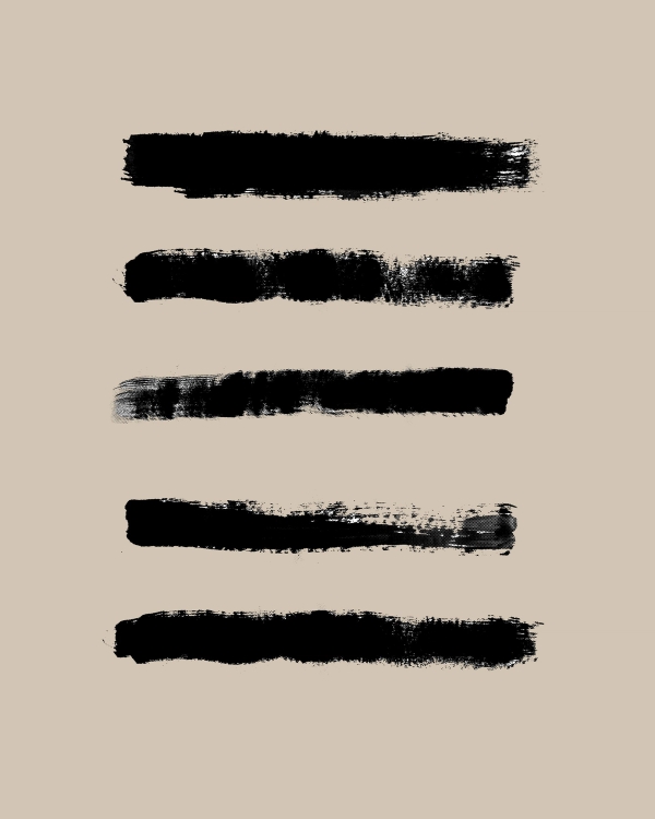 Five broad black brushstrokes in horizontal bands on a warm beige background