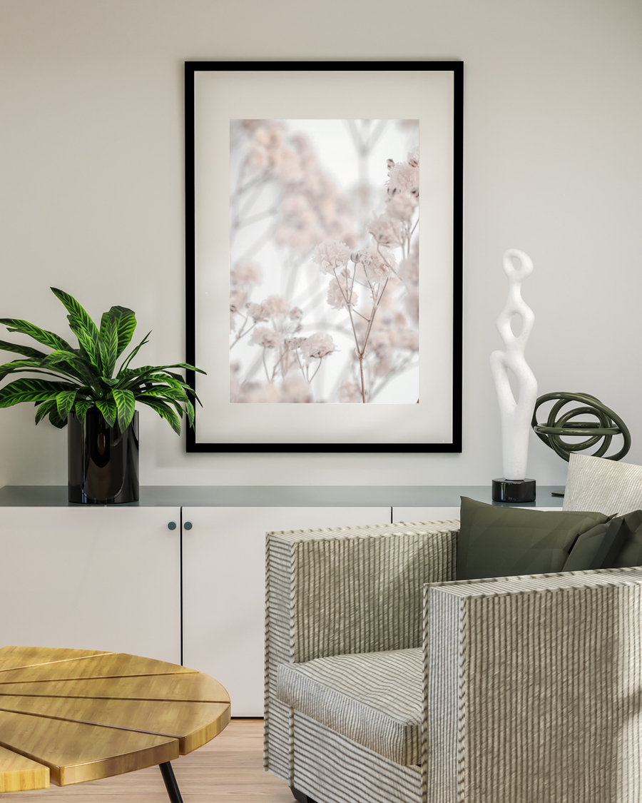 A poster of a Soft blush dried flowers with dreamy blurred background
