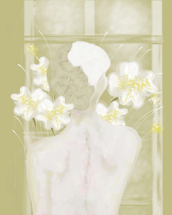 Painted figure seen from behind with white flowers blooming around the head on an olive green background