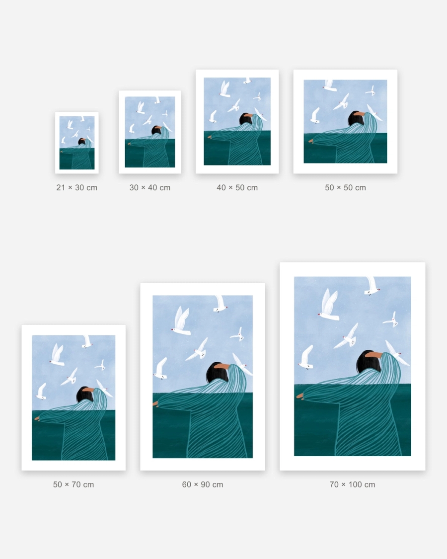 Among the Gulls poster in 7 sizes, shown to scale: 21 × 30, 30 × 40, 40 × 50, 50 × 50, 50 × 70, 60 × 90 and 70 × 100 cm