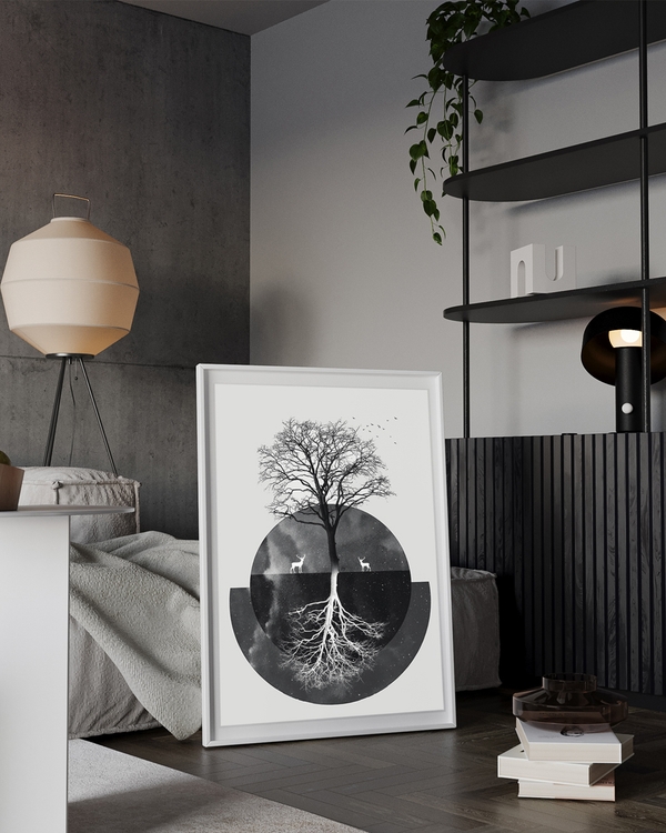 A poster of a Japandi tree with mirrored roots and circle