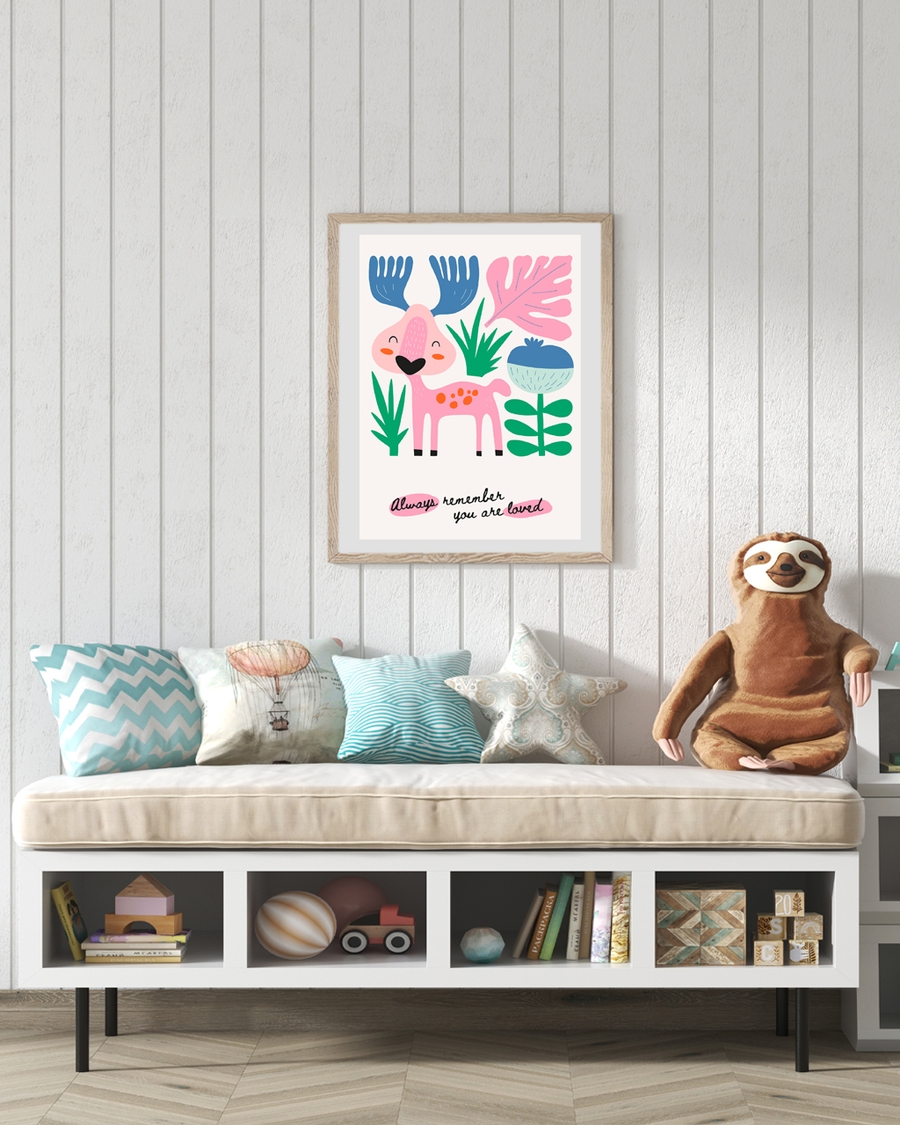 A poster of a Pink moose with plants and love message