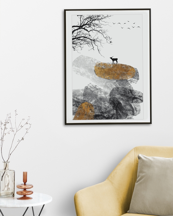 A poster of a Japandi deer standing on golden textured rocks