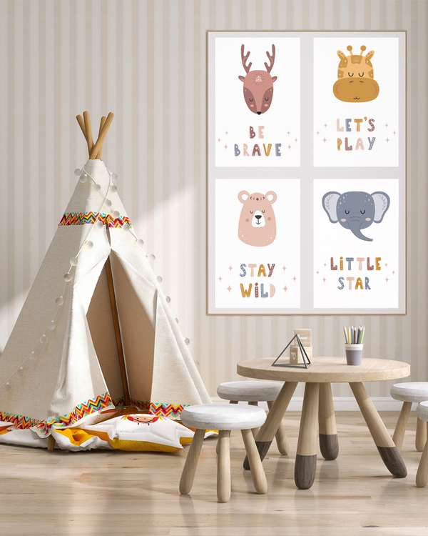 A poster of a Bear illustration with stay wild text in soft tones