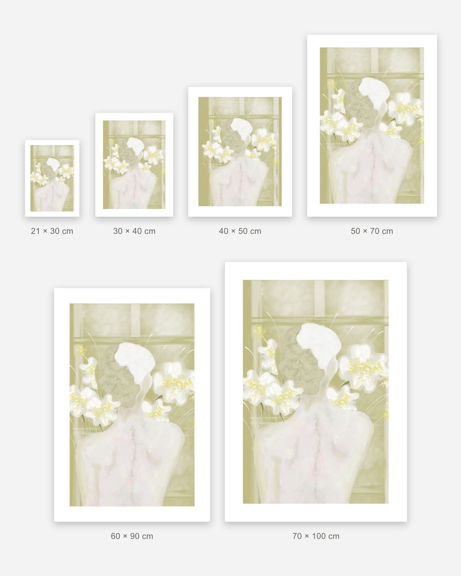 Blooming Shoulders poster in 6 sizes, shown to scale: 21 × 30, 30 × 40, 40 × 50, 50 × 70, 60 × 90 and 70 × 100 cm