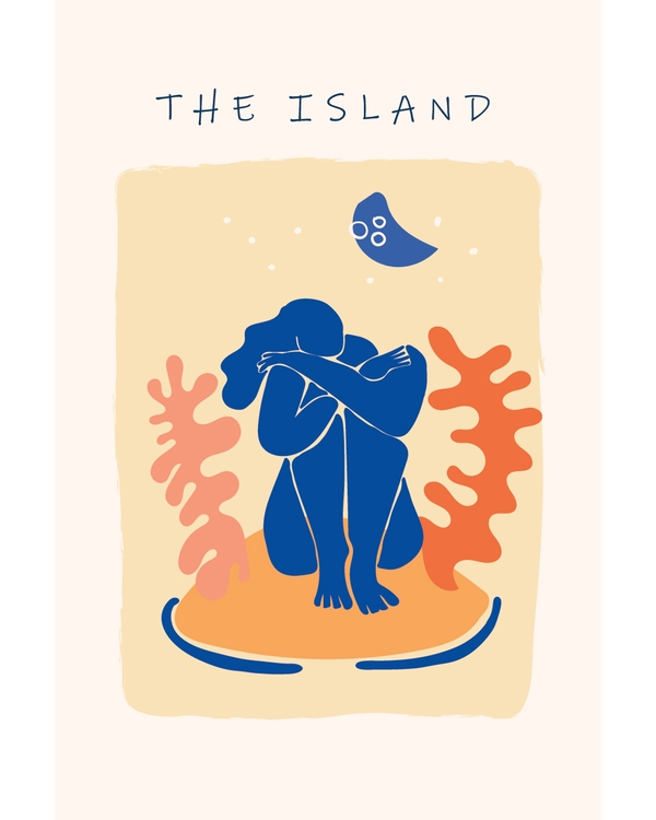 Abstract blue figure sitting on island under moon