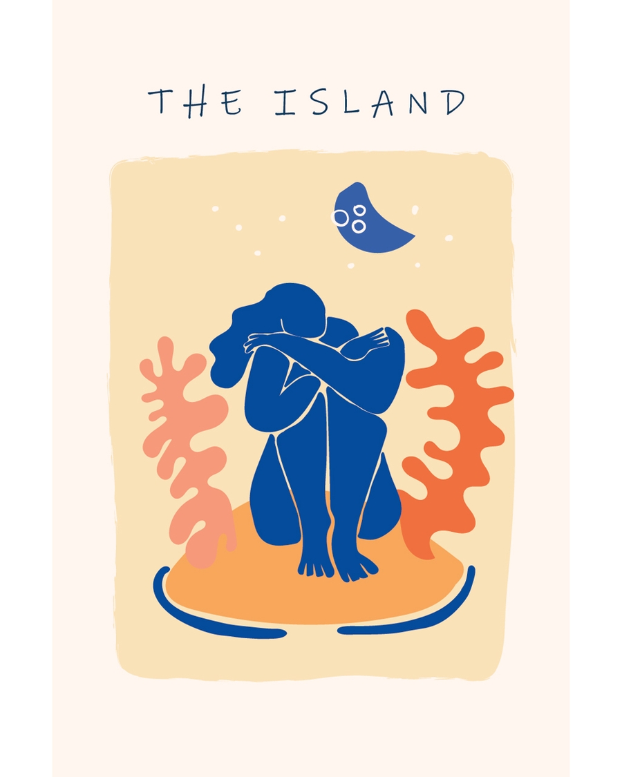 Abstract blue figure sitting on island under moon