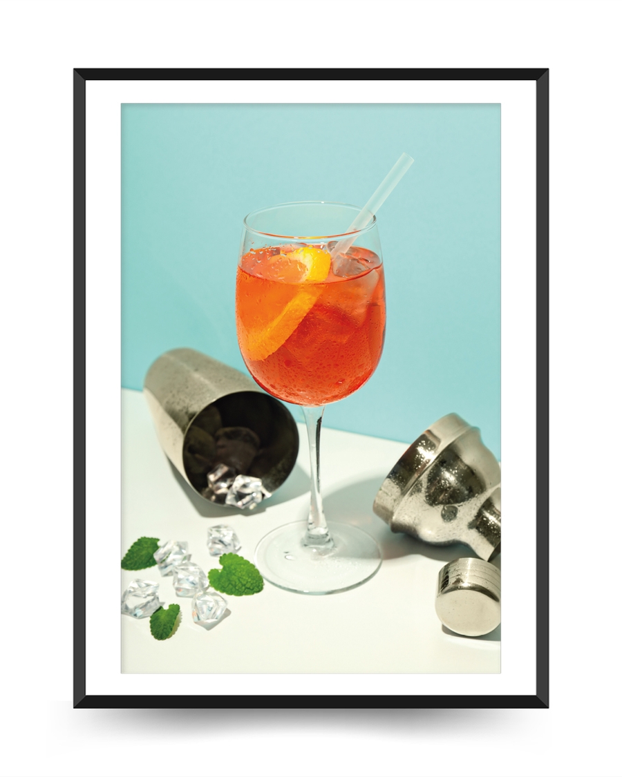 A poster of a Orange cocktail with ice cubes and citrus peel