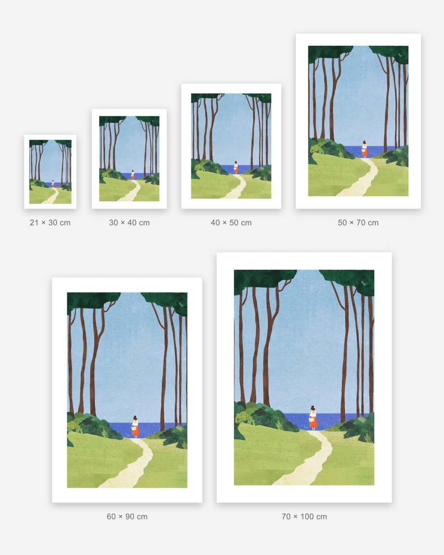 Path to the Sea poster in 6 sizes, shown to scale: 21 × 30, 30 × 40, 40 × 50, 50 × 70, 60 × 90 and 70 × 100 cm