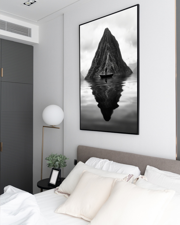 A poster of a Silhouette in boat with mountain reflection in water
