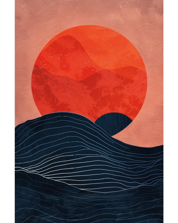 Japandi waves with red sun and texture