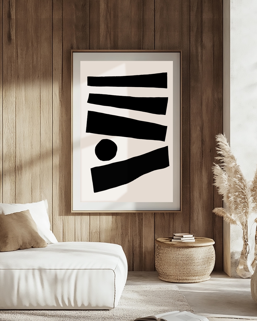 A poster of a black abstract bars and circle on beige background.