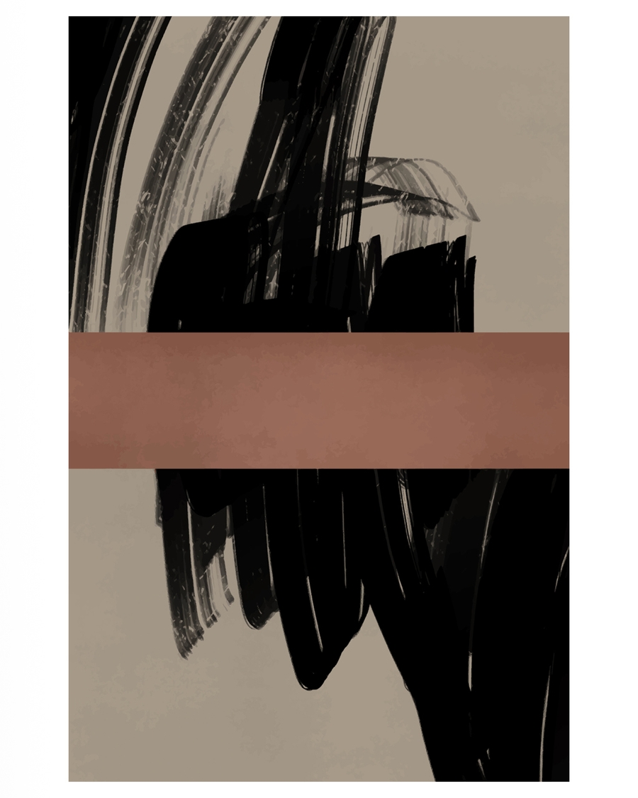 Abstract poster with bold black brushstrokes and clay band