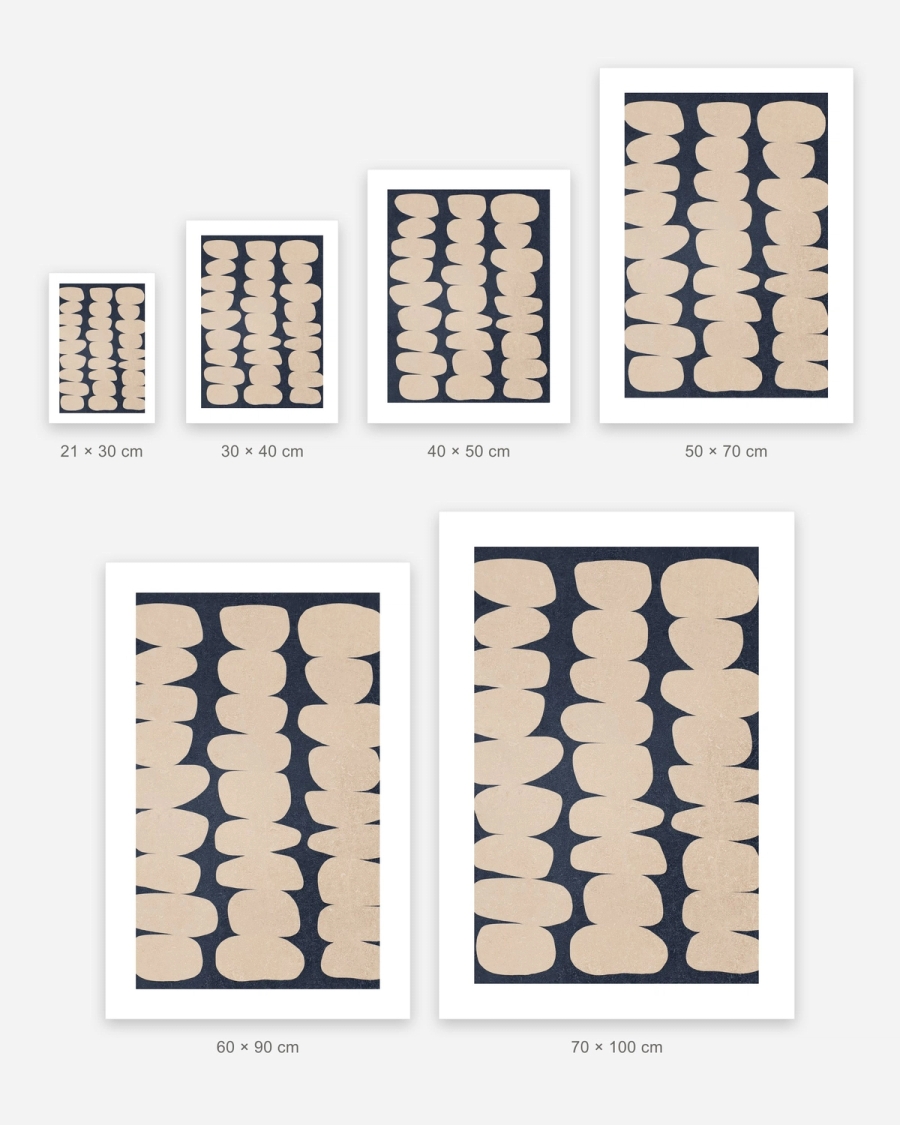 Stacked Sand Forms poster in 6 sizes, shown to scale: 21 × 30, 30 × 40, 40 × 50, 50 × 70, 60 × 90 and 70 × 100 cm