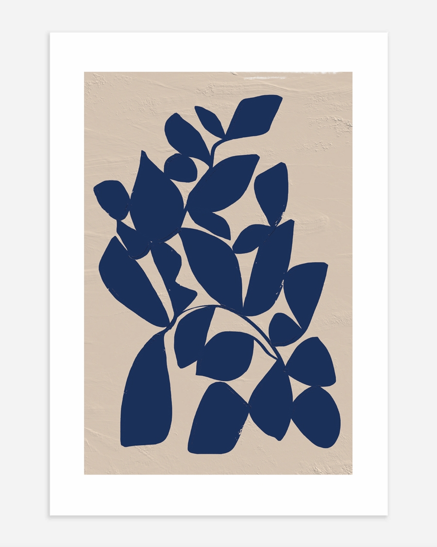 A poster of a Abstract navy leaves on textured beige background