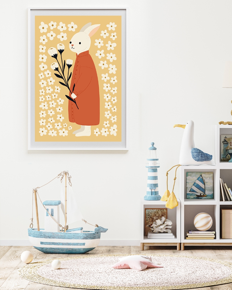 A poster of a White bunny in rust coat holding flowers