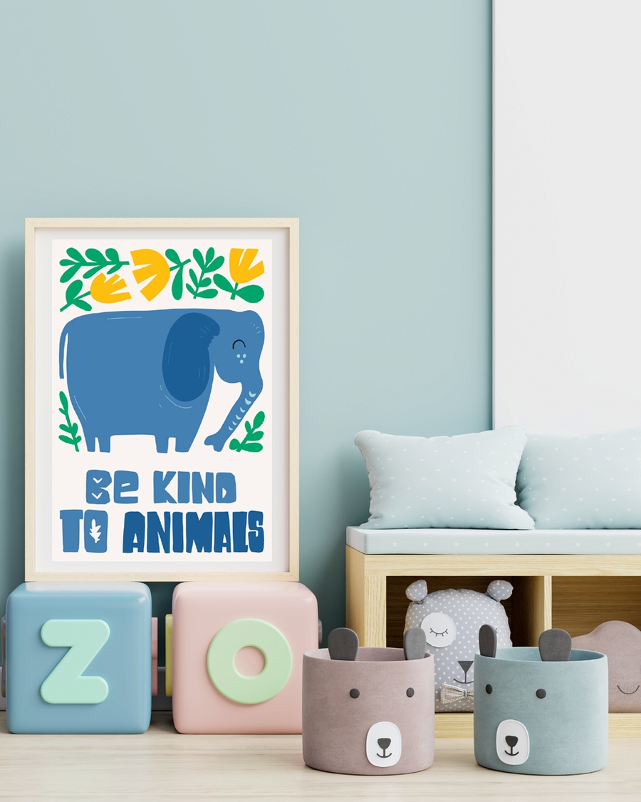 A poster of a Blue elephant with flowers and kindness message
