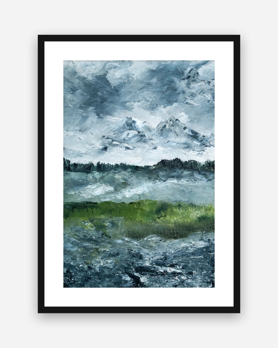 Peaks Beyond the Meadow poster with a white border in a black frame